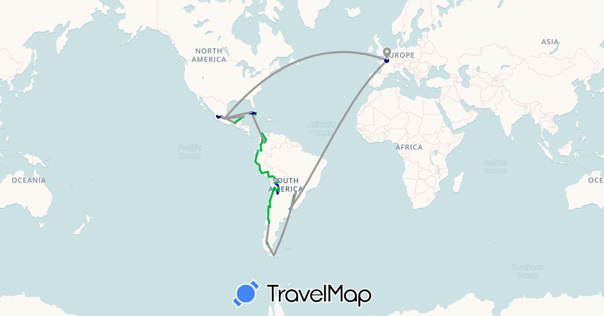 TravelMap itinerary: driving, bus, plane, train, hiking, boat in Argentina, Bolivia, Brazil, Chile, Colombia, Cuba, Ecuador, France, Mexico, Peru, Paraguay, Uruguay (Europe, North America, South America)